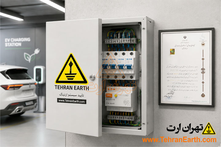 کلید محافظ جان و نصب برچسب تاییدیه نهایی تهران ارت روی تابلو برق خودروی برقی